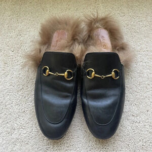 Gucci Princeton Black Fur Mules Slip On Shoes horse bit loafer slides